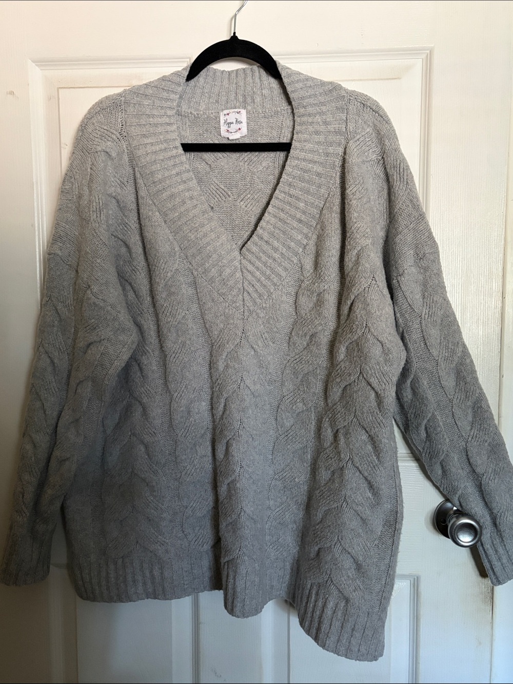 Hippie Rose Light Gray Cable V-Neck Sweater